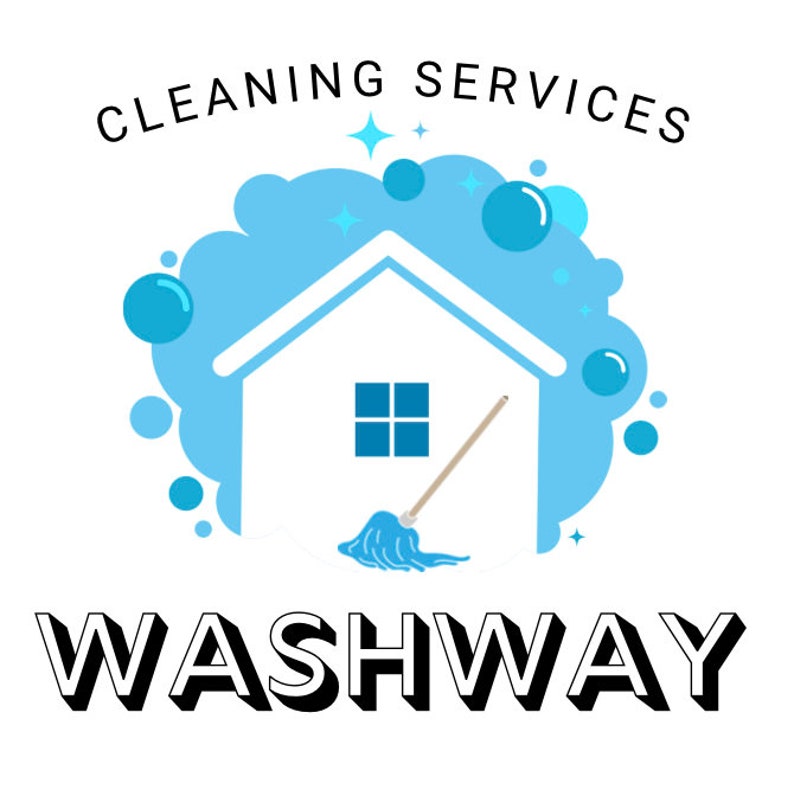 May include: A logo for a cleaning service called "WASHWAY". The logo features a white house with a window, a blue mop, and blue soap bubbles against a white background. The text "CLEANING SERVICES" is above the house and the text "WASHWAY" is below the house.