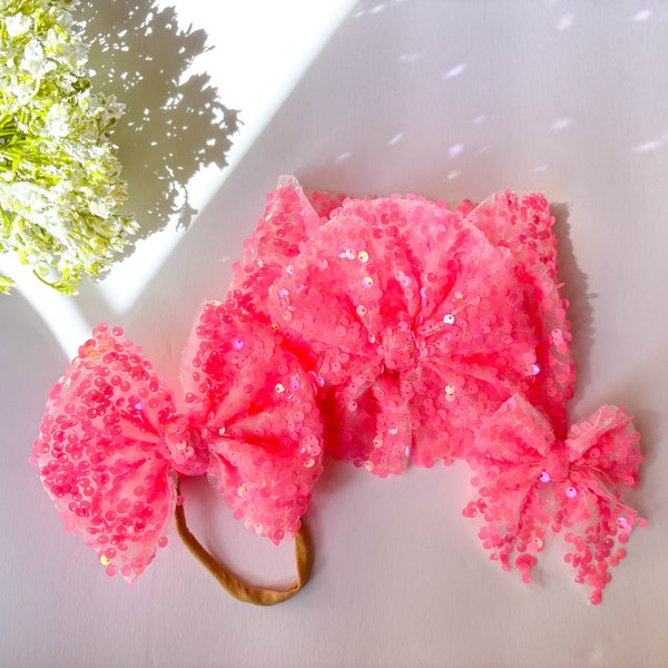 cherry pink mesh sequin headwrap bow | baby headband | messy bow on nylon | piggie clip bows | vibrant neon bows | toddler summer hair bow