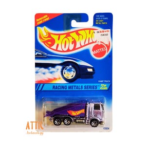 Vintage 1990s Hot Wheels Ramp Truck, Racing Metal Series, Sealed Card, Diecast Tow Truck -collectible diecast, tow truck, diecast truck