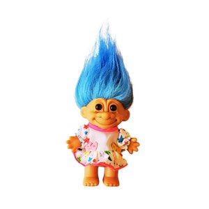 Vintage 1990s Blue Hair Troll Doll with Dress, Fading Blue Hair Troll Figure with Bow Dress, by Russ, Great Condition! (vintage troll doll)