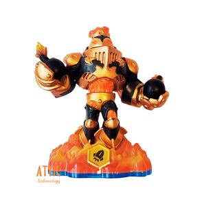 May include: A gold and black action figure of a character with a bomb in one hand and a smaller bomb in the other. The figure is standing on a fiery orange base with a blue rim.
