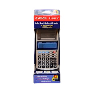 May include: A silver Canon P1-DH V palm size printing calculator with a blue display and a 12-digit display. The calculator has a variety of functions, including time, cost-sell-margin, and tax calculations.