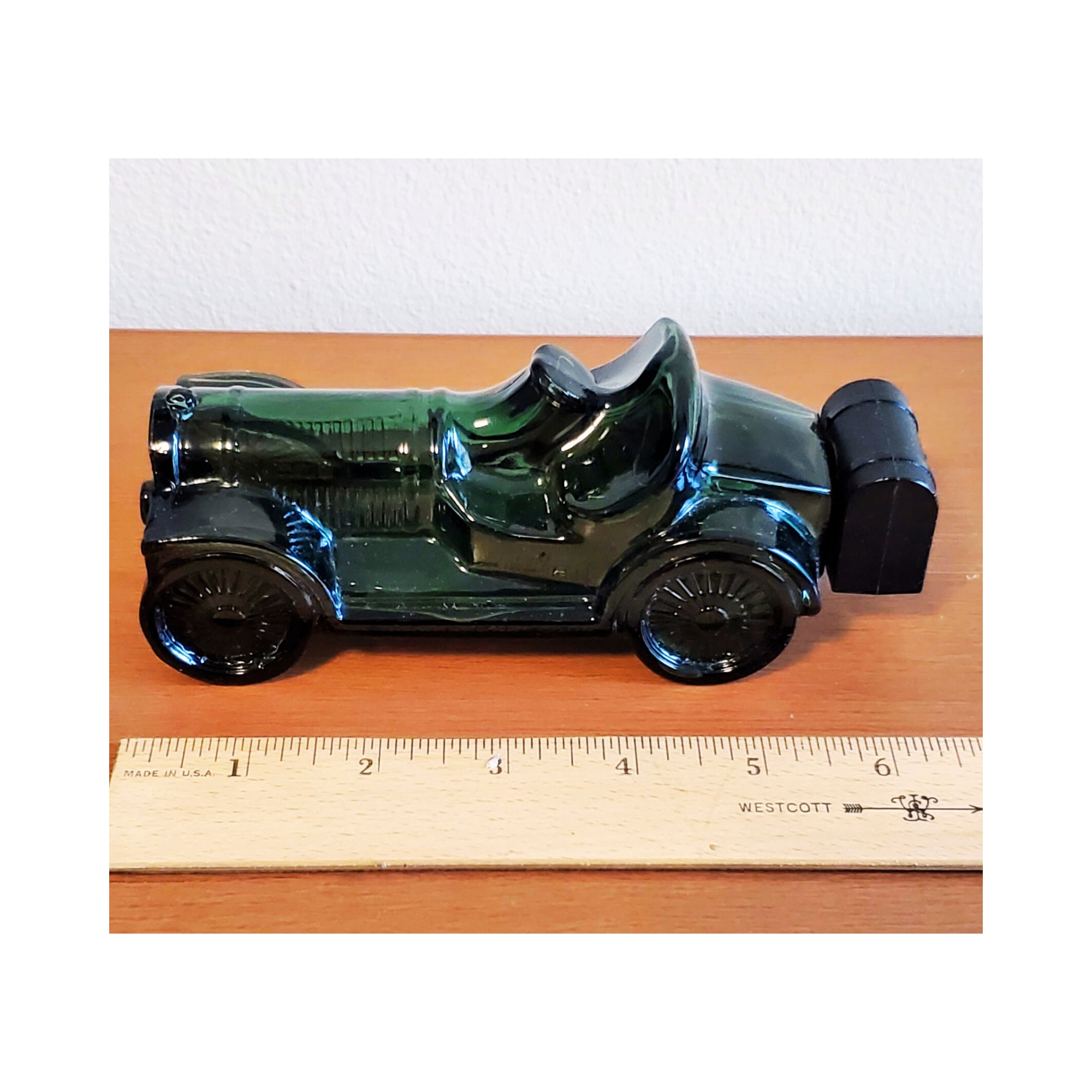 Vintage Racing Car Glass Bottle/sculpture, 1950s Car Green Glass Bottle