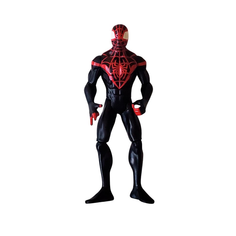 May include: Black and red action figure of Spider-Man with a black suit and red spider design on the chest.