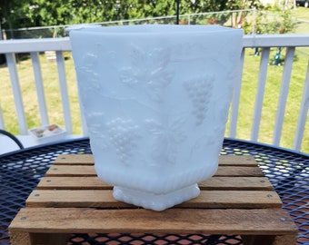 Vintage 1960s -- Anchor Hocking -- Fire-King -- White Milk Glass -- Harvest Grape and Leaf -- Hexagon Vase -- Compote -- Planter