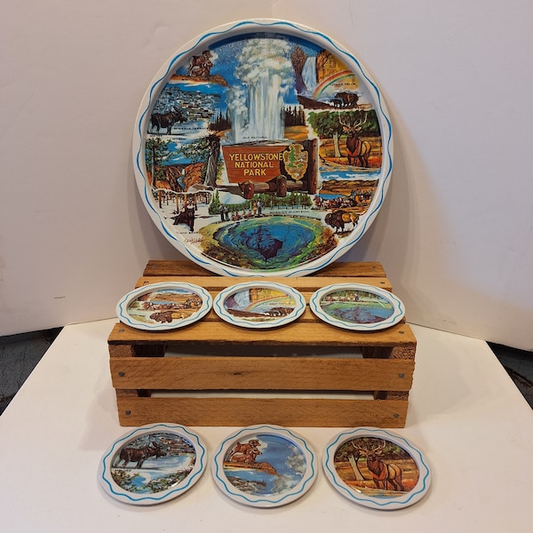 Vintage Yellowstone National Park Tin Tray -- 6 Tin Coasters -- Litho Ken Haag Artwork