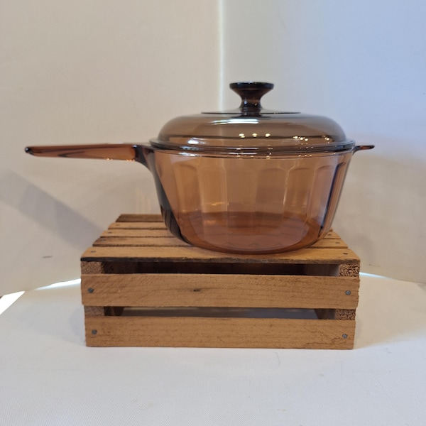 Vintage 1980s -- Visions -- Corning -- Brown -- 2.5 Liter Saucepan -- USA -- Pyrex V-2.5-C Lid (Small Chip on lid)