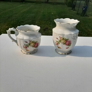 Vintage Late 1800s Rare -- Roses Pattern -- Ceramic -- C.P. Marquette Co. -- Trenton NJ -- Small Vase and Small Handled Cup -- Set of 2