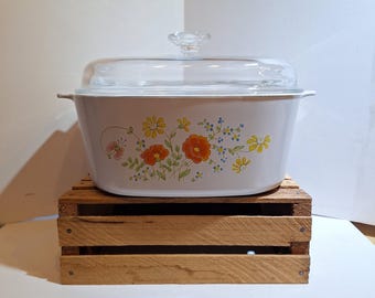 Vintage 1980s -- Block Stamp -- Wildflower -- 4 -- Corning Ware -- 5 Quart -- A-5-B -- Pyrex P-12-C Lid