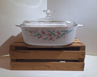 Vintage 1990s -- Corning Ware -- Rosemarie -- Embossed Stamp -- 2 L Casserole Dish With Pyrex A-9-C Clear Glass Lid -- A-2-B