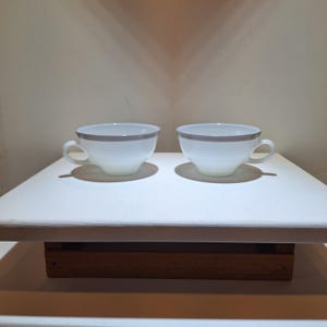 May include: Two white glass teacups with a smooth, rounded body and a single handle on each side. Each cup features a thin, horizontal grey band encircling the upper rim, providing a subtle contrast against the translucent white glass material.