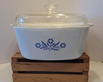 Rare Vintage 1960s -- Black Stylized Flame Stamp -- Blue Cornflower -- Corning Ware -- 4 Qt Casserole Dish -- A-4-B -- Pyrex P-12-C Lid