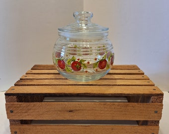 Vintage -- Clear Glass Canister -- Storage Jar -- Tomato Pattern