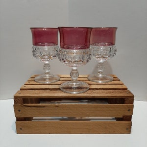 Vintage 1950s -- Tiffin Glass -- Cranberry -- King&#39;s Crown -- Thumbprint -- Water Goblet -- Set of 3