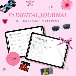 Pode incluir: Diário digital F1 com fundo rosa. O diário inclui um cronograma de 2026, detalhes da corrida de Melbourne e um círculo rosa com o ano de 2026. Elementos adicionais: um carro de corrida de brinquedo, óculos de sol e um laço rosa.