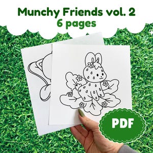 Munchy Friends part 4: Cute coloring book, 6 pages coloring, stress relief adult colouring pages cute animals and food image 1