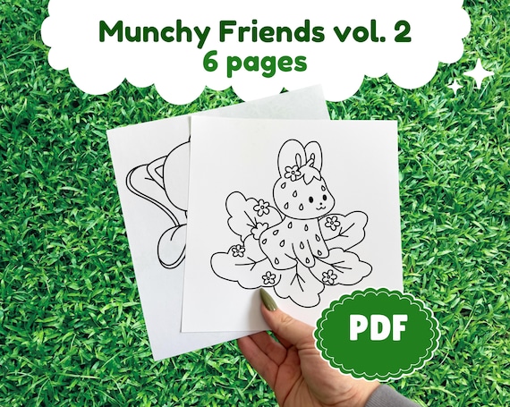 Munchy Friends part 4: Cute coloring book, 6 pages coloring, stress relief adult colouring pages cute animals and food