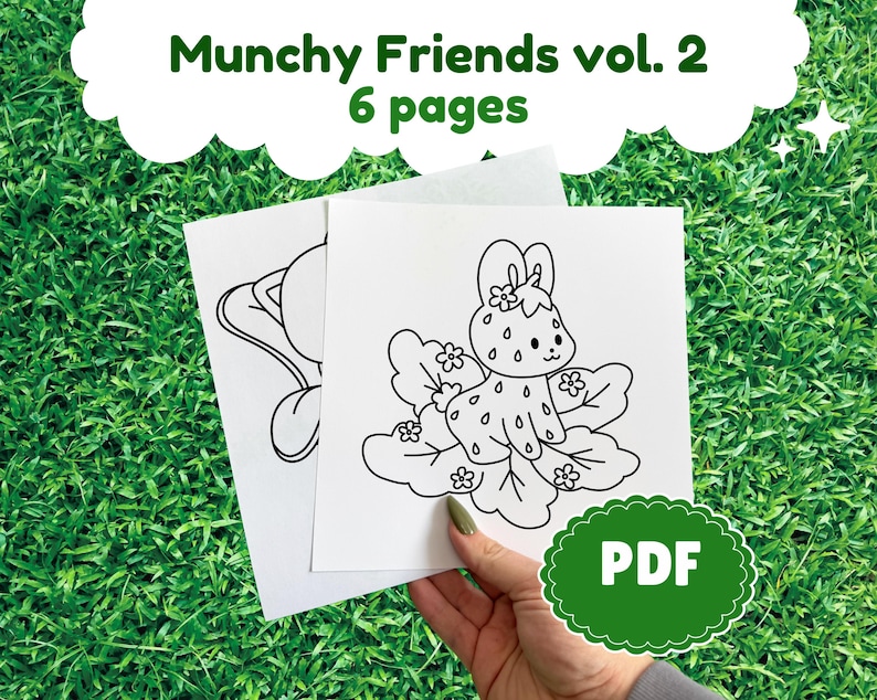 Munchy Friends part 4: Cute coloring book, 6 pages coloring, stress relief adult colouring pages cute animals and food image 1