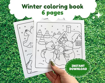 Winter Cute coloring book, 6 pages coloring, stress relief adult colouring pages cute friends