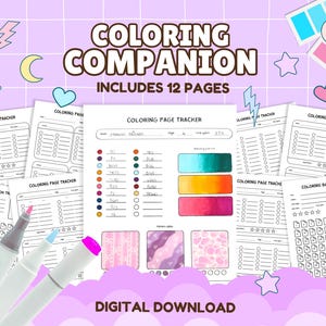May include: A digital download called "Coloring Companion" with 12 pages, including colouring page trackers and colouring book trackers. The image shows colourful markers and decorative elements such as stars and moons. The text "Digital Download" is also visible.