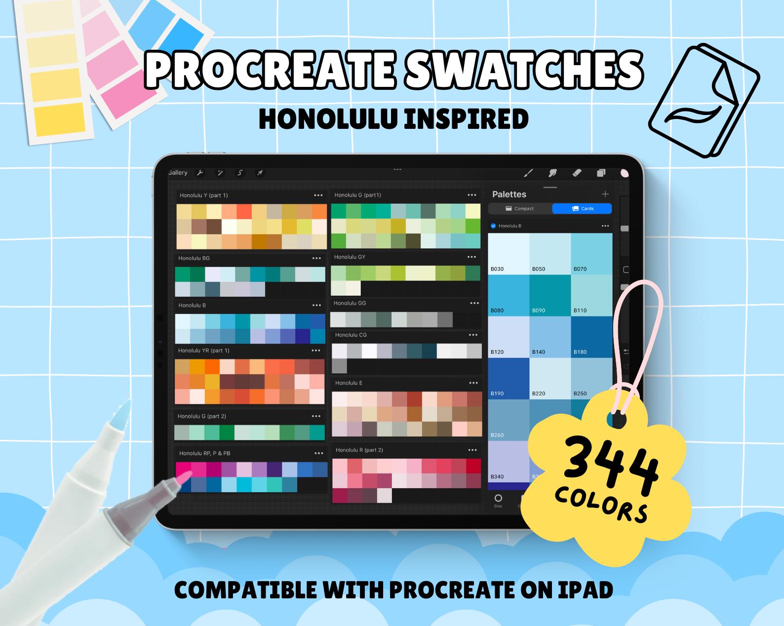 Ohuhu Alcohol Marker Farbswatches für Procreate – 22 Paletten, 344 Farben, codierte digitale Vorlage