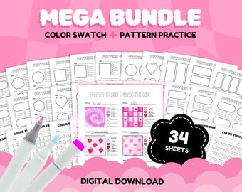May include: A pink digital download graphic with the text "MEGA BUNDLE COLOR SWATCH + PATTERN PRACTICE". The image shows 34 sheets with color swatches and pattern practice designs, along with three markers. The words "DIGITAL DOWNLOAD" are also visible.