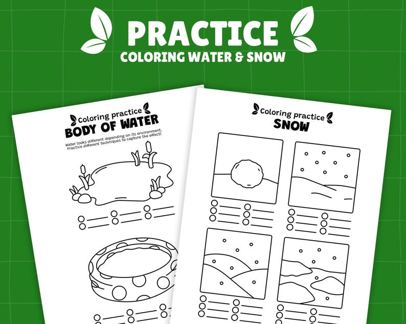 Peut inclure: Deux feuilles blanches d'exercices de coloriage avec des dessins au trait noirs de sc&egrave;nes d'eau et de neige. La feuille sup&eacute;rieure indique "CORPS D'EAU" et la feuille inf&eacute;rieure indique "NEIGE". Le haut de l'image contient le texte "PRACTICE COLORING WATER & SNOW".