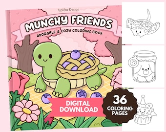 Munchy Friends Complete collection: Digital Coloring book with cute animals | 36 Coloring pages digital download | Cozy food coloring