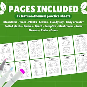 Peut inclure: Quinze feuilles d'exercices sur le th&egrave;me de la nature, avec des illustrations de montagnes, d'arbres, de feuilles, etc. Le texte "PAGES INCLUDED" est en haut, sur fond vert, avec trois marqueurs au premier plan.