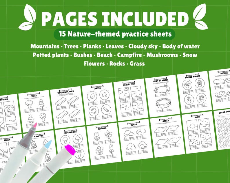 Peut inclure: Quinze feuilles d'exercices sur le th&egrave;me de la nature, avec des illustrations de montagnes, d'arbres, de feuilles, etc. Le texte "PAGES INCLUDED" est en haut, sur fond vert, avec trois marqueurs au premier plan.