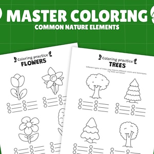 Peut inclure: Deux pages de coloriage blanches avec le texte "MASTER COLORING COMMON NATURE ELEMENTS". L'une pr&eacute;sente des fleurs, l'autre des arbres. Chaque page contient des dessins au trait et des espaces pour colorier.
