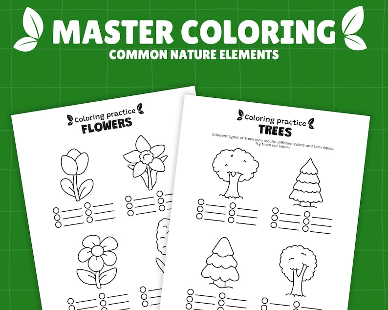 Peut inclure: Deux pages de coloriage blanches avec le texte "MASTER COLORING COMMON NATURE ELEMENTS". L'une pr&eacute;sente des fleurs, l'autre des arbres. Chaque page contient des dessins au trait et des espaces pour colorier.