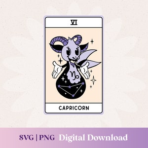 Spooky Astrology Capricorn signe tarot SVG, carte d’horreur mystique, vieux dessin animé rétro sorcier png