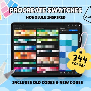 May include: A digital tablet displays color swatches labeled "Honolulu Inspired" for Procreate. The screen shows various color palettes. A yellow flower-shaped tag reads "344 COLORS." Text at the top says "PROCREATE SWATCHES." The bottom text reads "INCLUDES OLD CODES & NEW CODES."