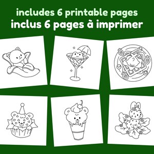 Munchy Friends part 4: Cute coloring book, 6 pages coloring, stress relief adult colouring pages cute animals and food image 3