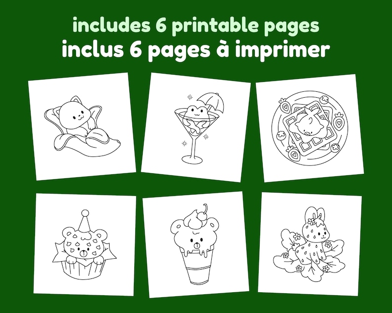 Munchy Friends part 4: Cute coloring book, 6 pages coloring, stress relief adult colouring pages cute animals and food image 3