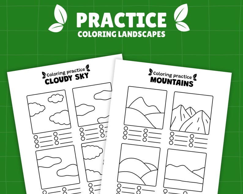 Peut inclure: Deux feuilles blanches d'exercices de coloriage avec des paysages. L'une est intitul&eacute;e "CLOUDY SKY" et l'autre "MOUNTAINS". Le haut de l'image indique "PRACTICE COLORING LANDSCAPES" en texte blanc avec des accents verts.