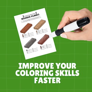 Peut inclure: Une feuille d'exercices de coloriage intitul&eacute;e "Wooden Planks" avec quatre motifs de grain de bois diff&eacute;rents. Une main tient un marqueur noir et blanc, pointant vers la feuille de coloriage. Le texte "Improve Your Coloring Skills Faster" est en bas.