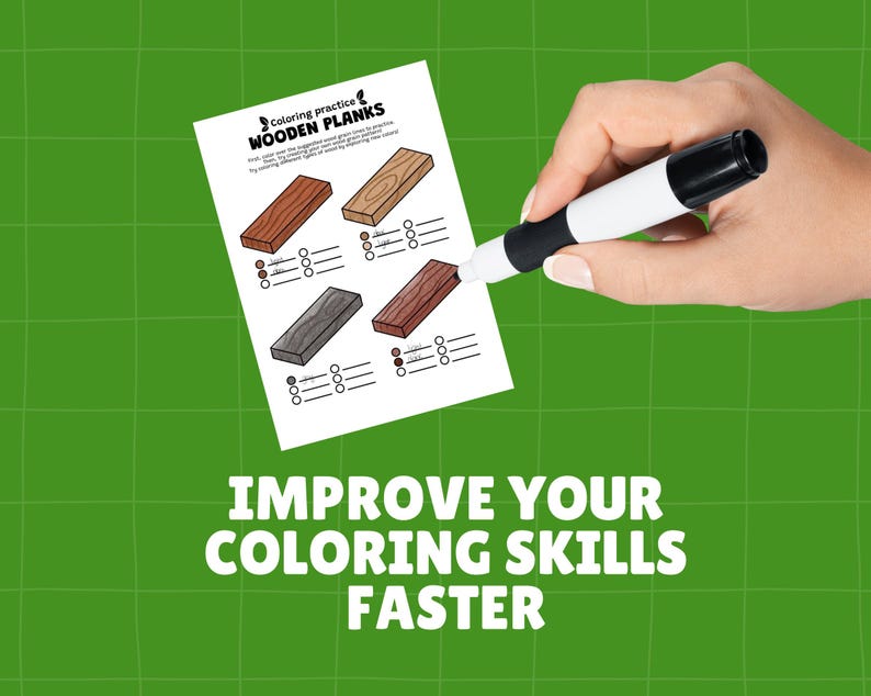 Peut inclure: Une feuille d'exercices de coloriage intitul&eacute;e "Wooden Planks" avec quatre motifs de grain de bois diff&eacute;rents. Une main tient un marqueur noir et blanc, pointant vers la feuille de coloriage. Le texte "Improve Your Coloring Skills Faster" est en bas.