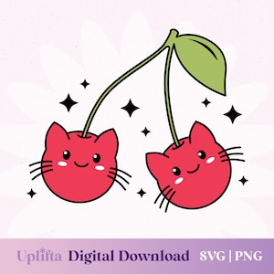 Lindas cerezas en forma de gatito svg, cereza y tallo kawaii, fruta retro con ojos lindos png, imágenes prediseñadas de orejas de gato groovy