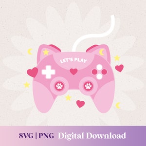 ビデオゲーム コントローラー SVG、かわいいゲーマー ガール PNG、ハート、星、月、猫の足、猫の耳が付いたピンクの女の子のゲーム デジタル クリップアート
