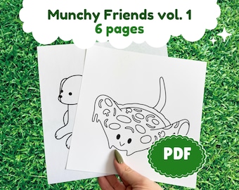 Munchy Friends part 1:  Cute coloring book, 6 pages colouring book, stress relief adult, adorable friends & food mashups