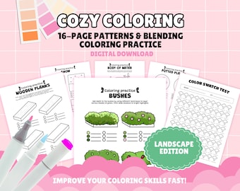 Coloring practice pages, printable digital colored book for blending, patterns, textures, shading and color swatches for cozy coloring books