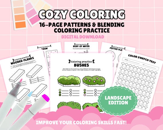 Coloring practice pages, printable digital colored book for blending, patterns, textures, shading and color swatches for cozy coloring books