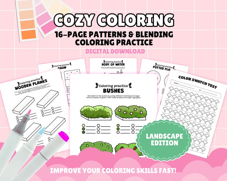Peut inclure: T&eacute;l&eacute;chargement num&eacute;rique intitul&eacute; "Cozy Coloring" avec 16 pages de motifs et de pratique de m&eacute;lange de couleurs. L'image pr&eacute;sente des pages &agrave; colorier avec des planches en bois, des buissons et des tests d'&eacute;chantillons de couleurs. Des marqueurs roses, bleus et gris sont au premier plan.