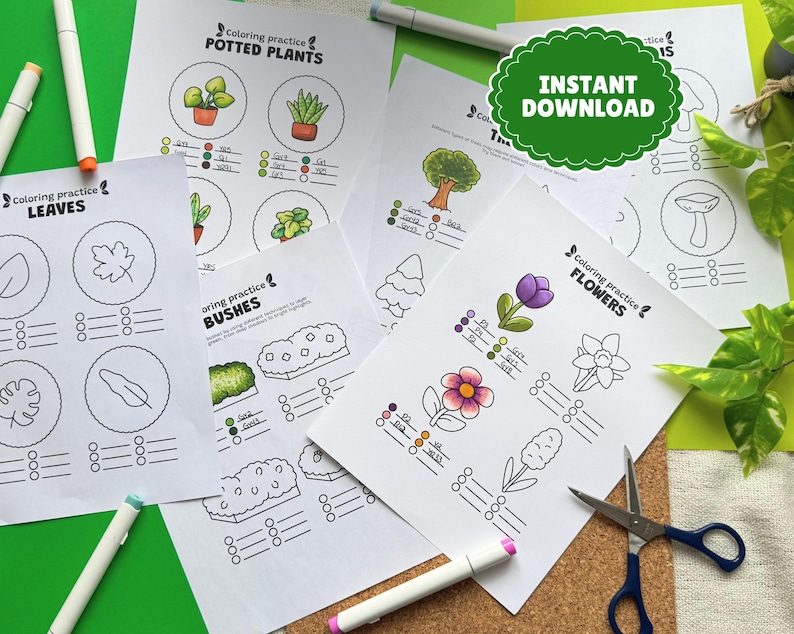 Peut inclure: Feuilles de coloriage avec des illustrations botaniques de feuilles, de plantes en pot, de buissons et de fleurs. L'image comprend des marqueurs de couleur et des ciseaux, avec un autocollant "T&eacute;l&eacute;chargement instantan&eacute;".