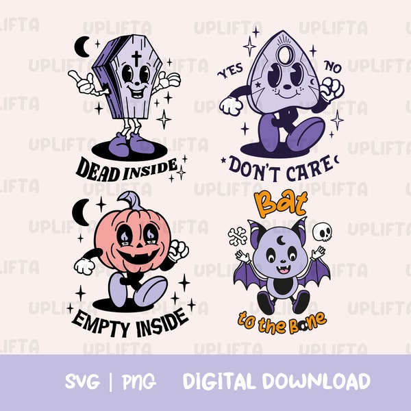 4 Spooky retro characters Halloween bundle SVG scary horror rubberhose png cute creepy gothic cliparts