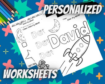 Fogli di lavoro per il riconoscimento dei nomi personalizzati, Pratica di scrittura dei nomi, Fogli di lavoro per i nomi nello spazio esterno, Fogli di lavoro Pre-K, Fogli di pratica dei nomi