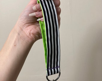 Beetlejuice inspired Wristlet Keychain, Beetlejuice Keychain, Black and White Striped Cotton Wristlet