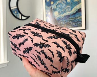 Vintage Halloween Bats Boxy Makeup Bag, Cosmetic Travel Bag, Goth Alt Style